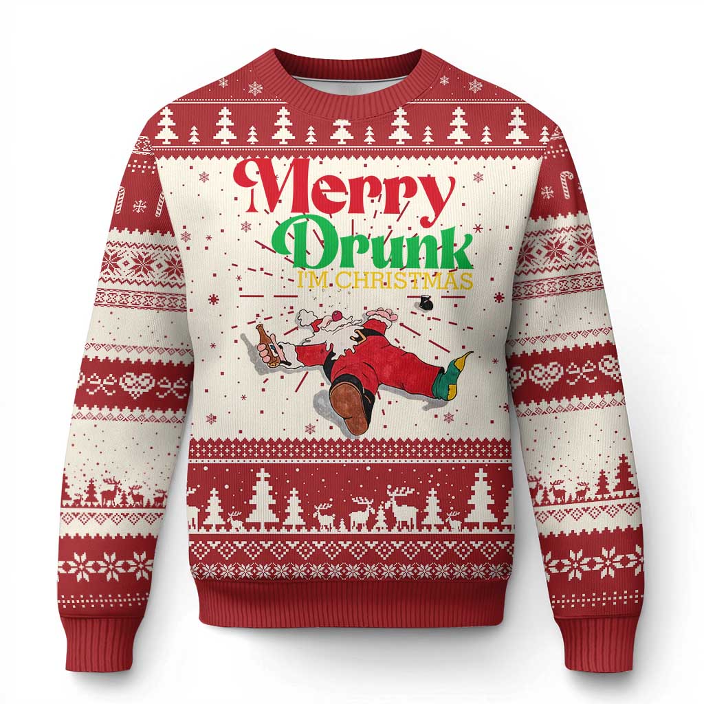 Red ugly Christmas sweater with 'Merry Drunk I'm Christmas' text and reindeer graphic.