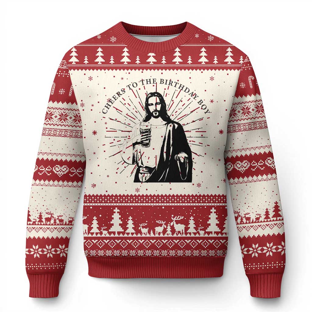 Red Christmas ugly sweater with faith graphic, trees, and festive stripe yoke.