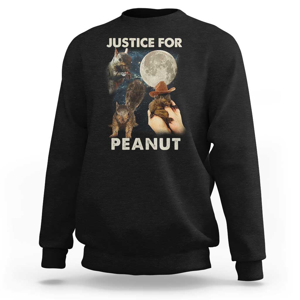 Black sweatshirt with front graphic of squirrels and “JUSTICE FOR PEANUT” text