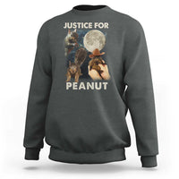 Charcoal gray sweatshirt with front graphic of squirrels and “JUSTICE FOR PEANUT” text