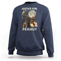 Navy sweatshirt with front graphic of squirrels and “JUSTICE FOR PEANUT” text