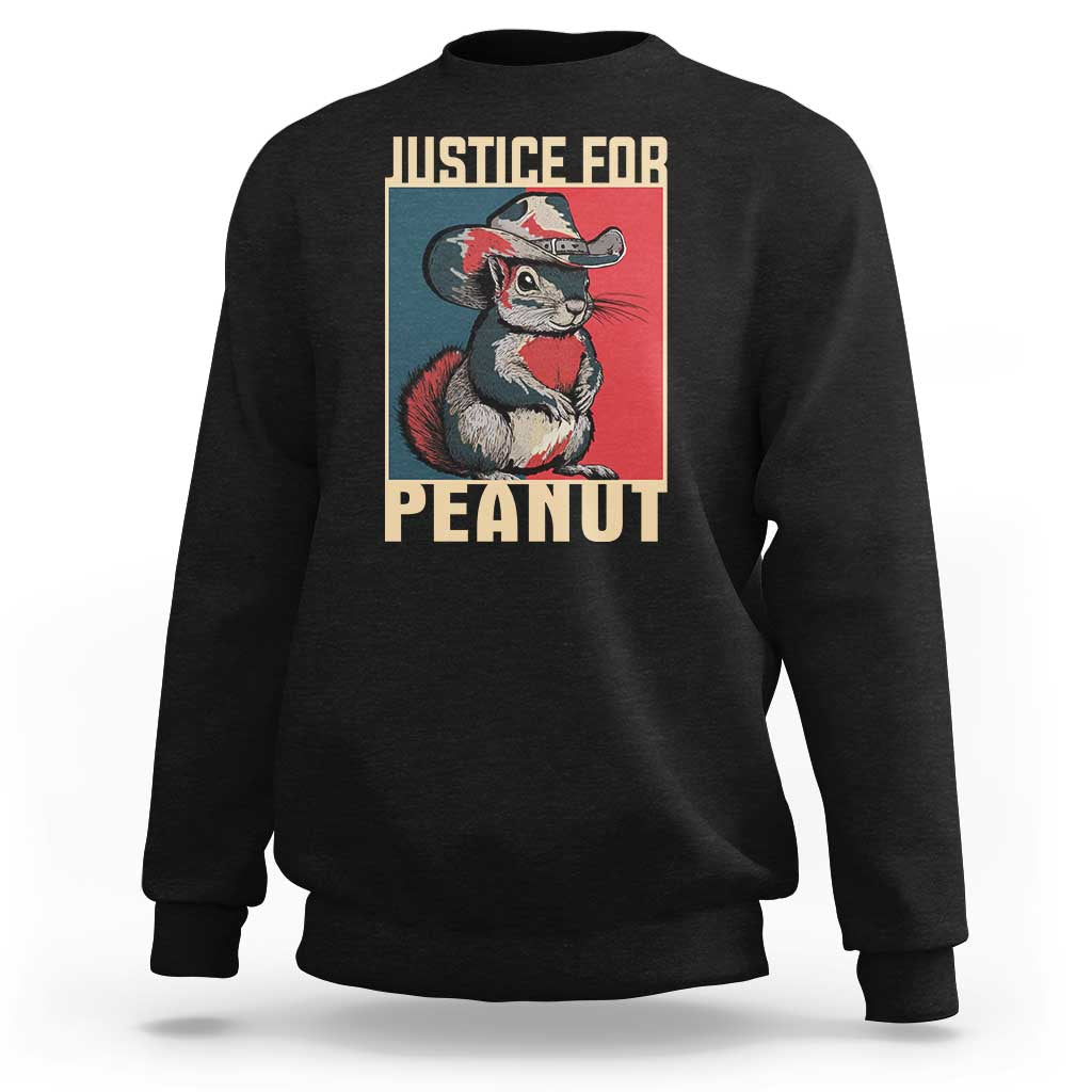 Black crewneck sweatshirt with back squirrel graphic and 'JUSTICE FOR PEANUT'