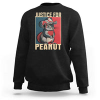 Black crewneck sweatshirt with back squirrel graphic and 'JUSTICE FOR PEANUT'