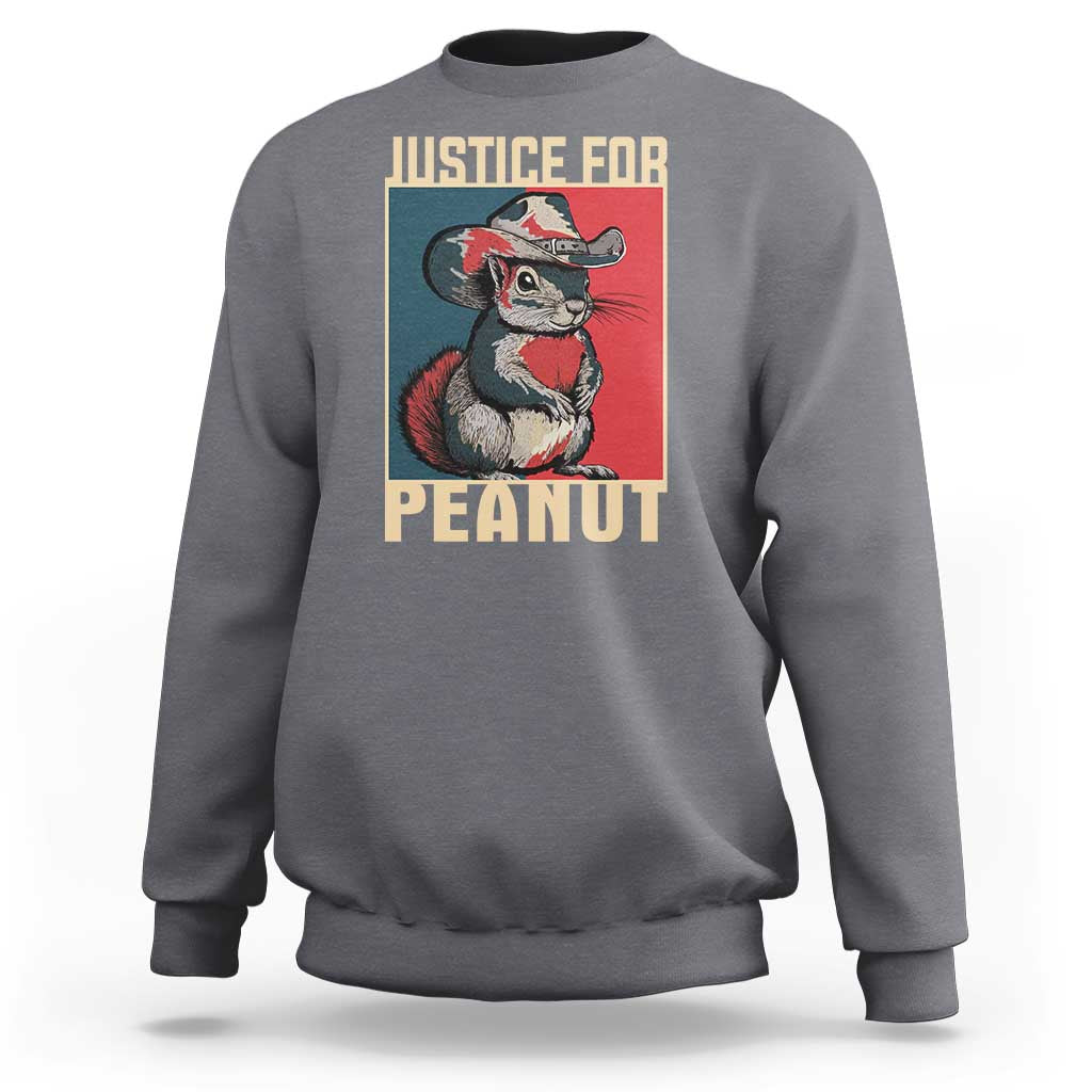 Heather gray crewneck sweatshirt with back squirrel graphic and 'JUSTICE FOR PEANUT'