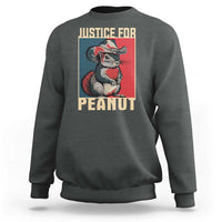 Charcoal crewneck sweatshirt with back squirrel graphic and 'JUSTICE FOR PEANUT'
