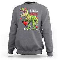 Charcoal sweatshirt with cartoon dinosaur holding a red heart and “I STEAL HEARTS” print