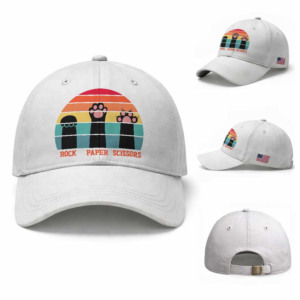 Funny Vintage Black Cat Introvert Baseball Cap Rock Paper Scissors Paw