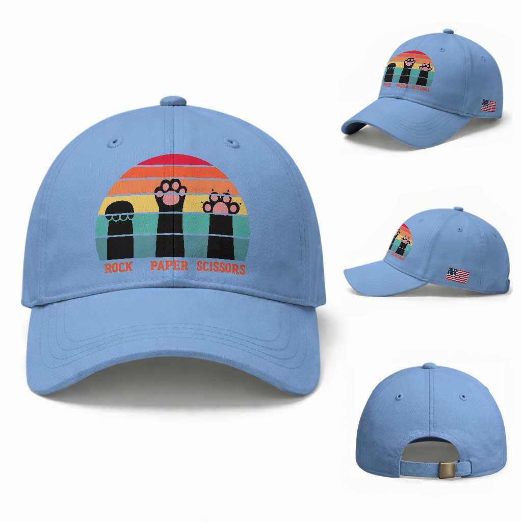 Funny Vintage Black Cat Introvert Baseball Cap Rock Paper Scissors Paw