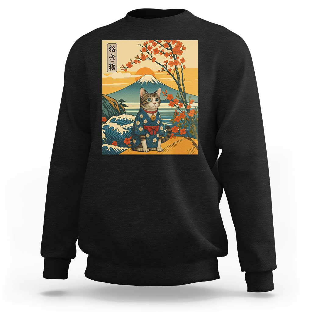 Japanese Ukiyo E Cat Kimono Sweatshirt Mount Fuji Cherry Blossom Vintage Gift