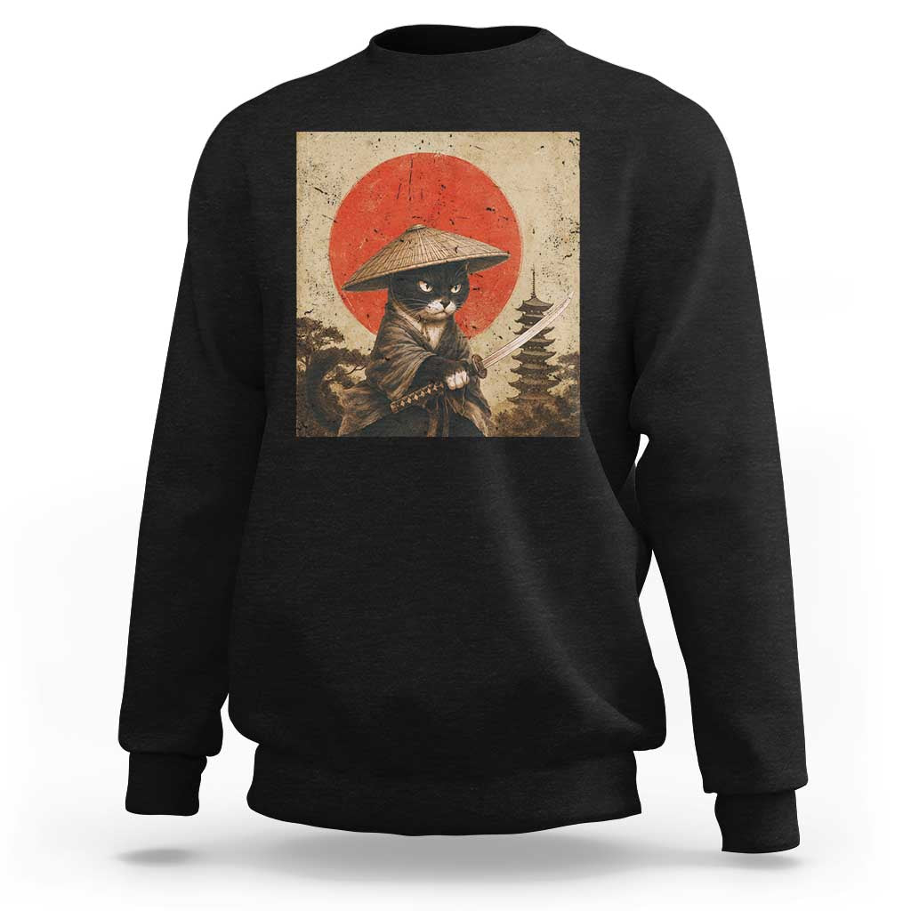 Vintage Samurai Black Cat Japanese Katana Sweatshirt Ukiyoe Cat Lover Gift