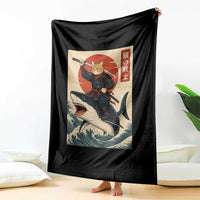 Funny Samurai Cat Riding Shark Throw Blanket Vintage Japanese Ukiyoe