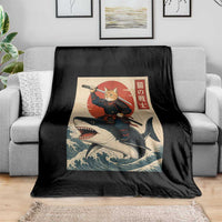 Funny Samurai Cat Riding Shark Throw Blanket Vintage Japanese Ukiyoe