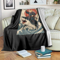 Funny Samurai Cat Riding Shark Throw Blanket Vintage Japanese Ukiyoe