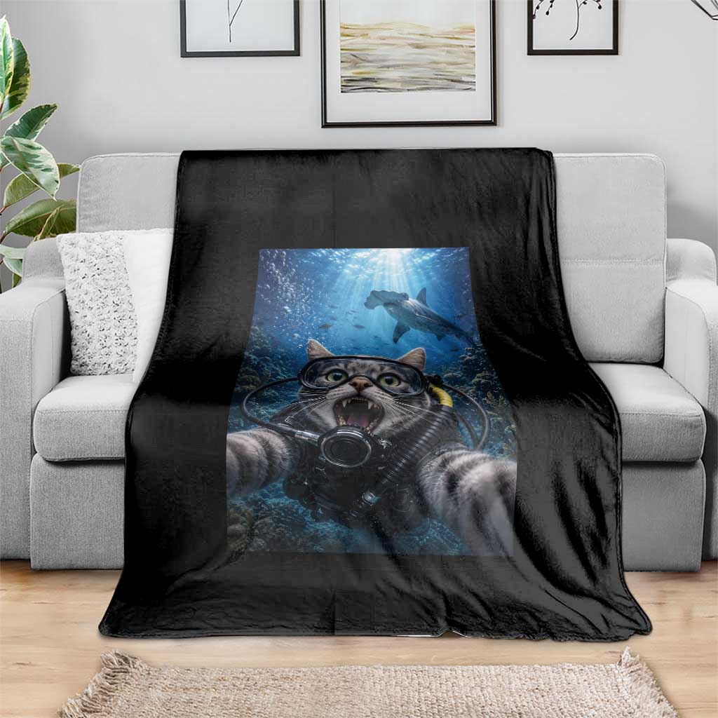 Funny Scuba Diving Cat Selfie With Hammerhead Shark Throw Blanket