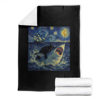 Funny Cat Biting Shark Starry Night Inspired Art Throw Blanket