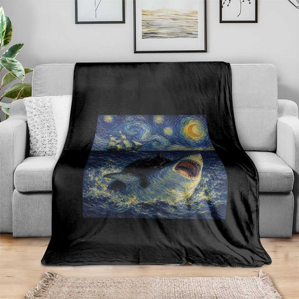 Funny Cat Biting Shark Starry Night Inspired Art Throw Blanket