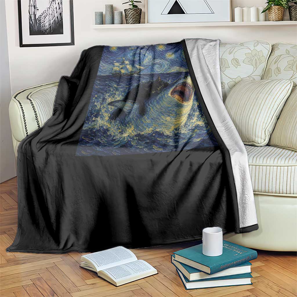 Funny Cat Biting Shark Starry Night Inspired Art Throw Blanket