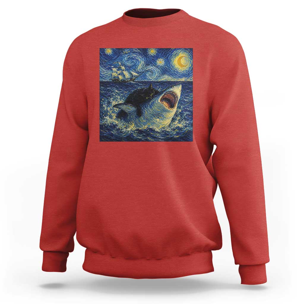 Funny Cat Biting Shark Starry Night Inspired Art Sweatshirt