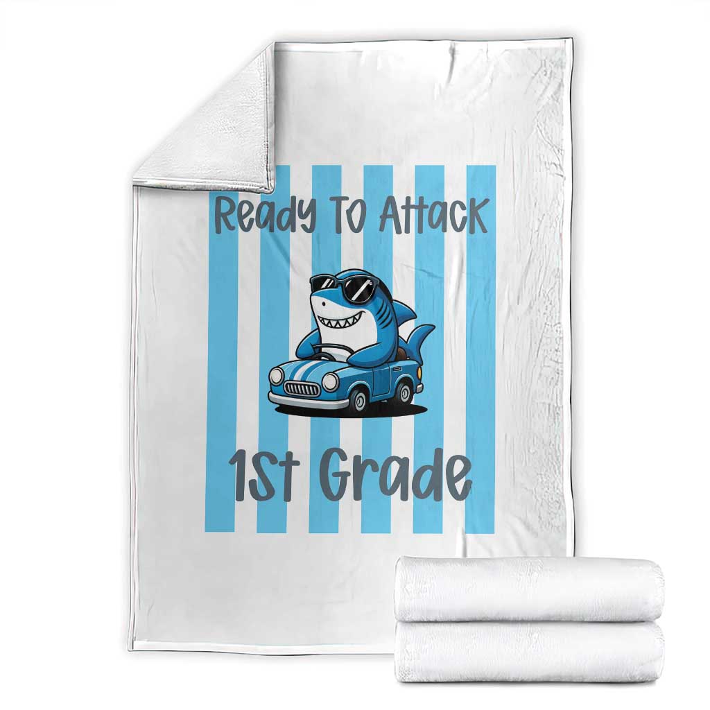 Ready To Attack 1st Grade Throw Blanket Funny Shark Driving Car Back To School