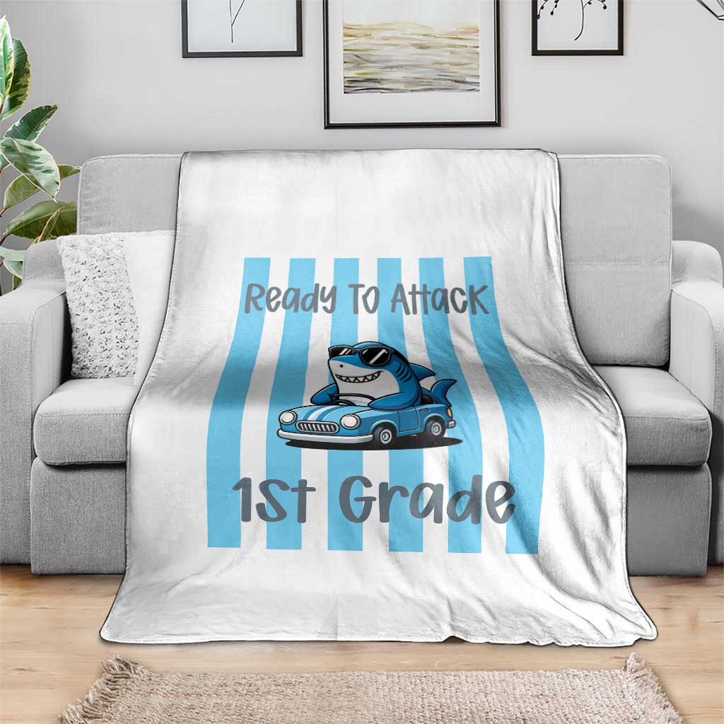 Ready To Attack 1st Grade Throw Blanket Funny Shark Driving Car Back To School