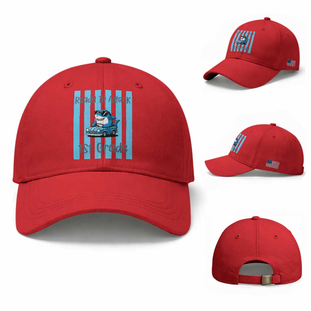 Ready To Attack 1st Grade Baseball Cap Funny Shark Driving Car Back To School