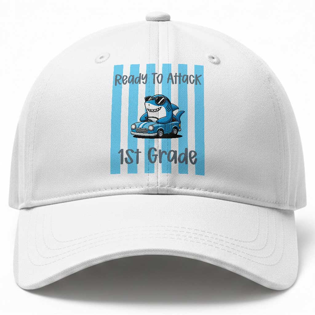Ready To Attack 1st Grade Baseball Cap Funny Shark Driving Car Back To School