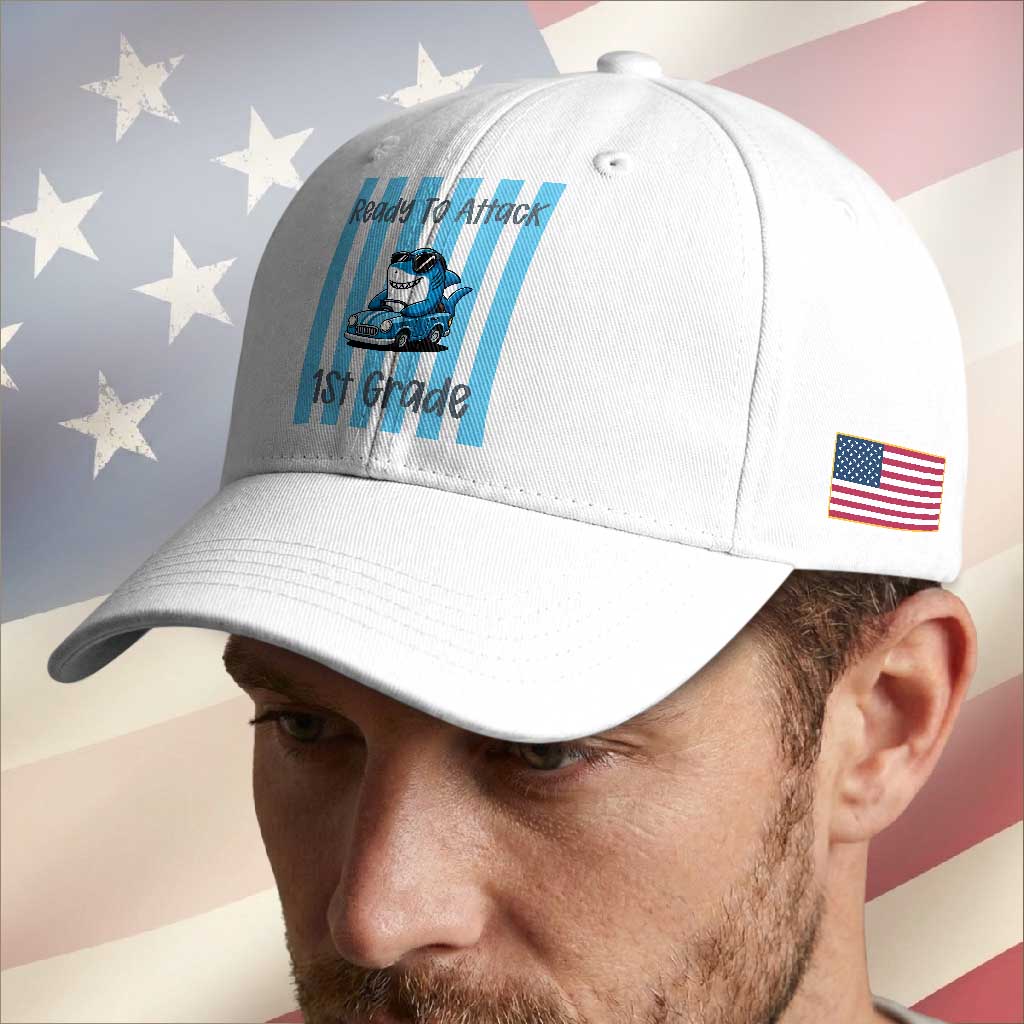 Ready To Attack 1st Grade Baseball Cap Funny Shark Driving Car Back To School