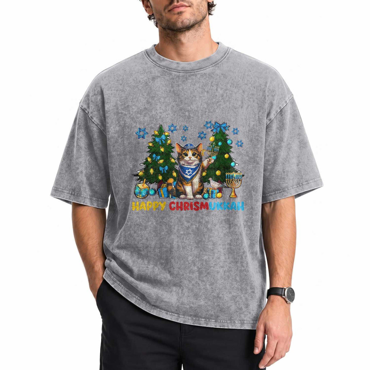 Happy Chrismukkah Washed Cotton T-Shirt Funny Christmas Hanukkah Cat Lover Gift