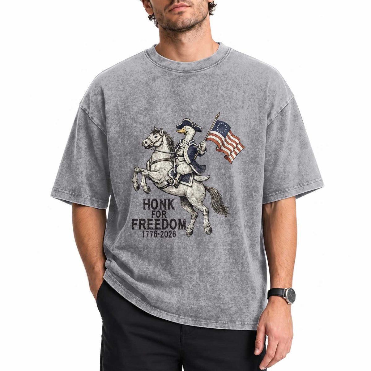 Funny Patriotic Goose Cowboy Washed Cotton T-Shirt Honk For Freedom