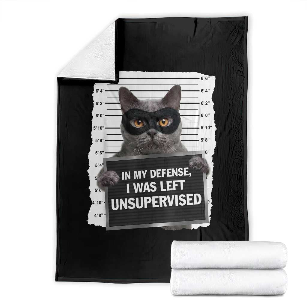 Funny Cat Mugshot Throw Blanket In My Defense I Was Left Unsupervised