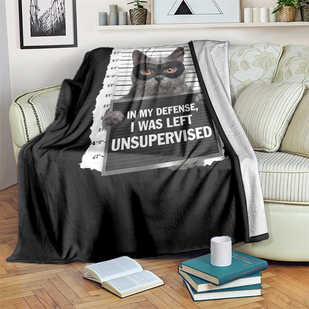 Funny Cat Mugshot Throw Blanket In My Defense I Was Left Unsupervised