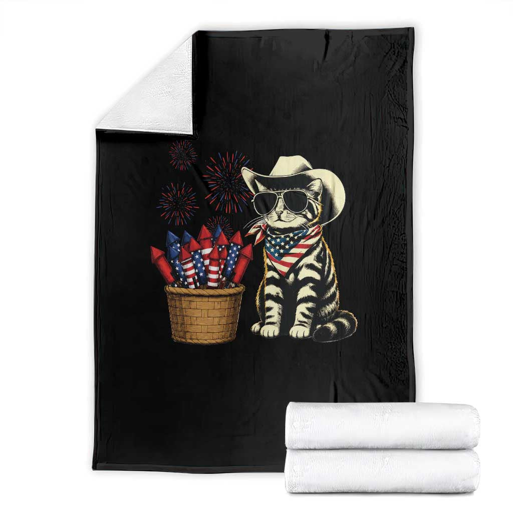 Patriotic Cowboy Cat Throw Blanket 4th Of July Fireworks Celebration