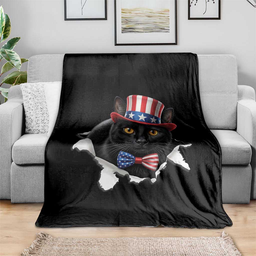 Funny Black Cat With Uncle Sam Hat Throw Blanket Patriotic Pet Lover