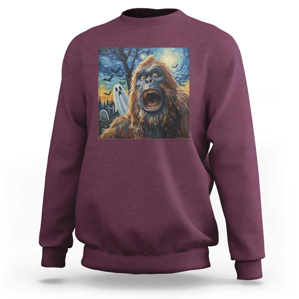 Funny Halloween Sweatshirt Bigfoot Selfie With Ghost Starry Night Art - Wonder Print Shop