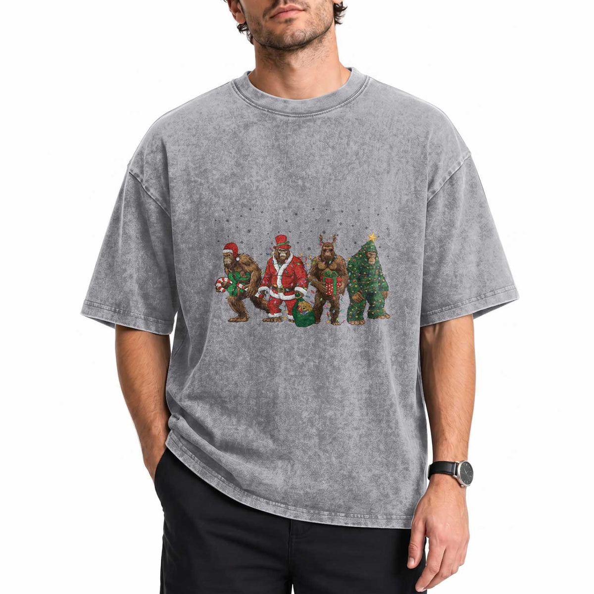 Bigfoot Christmas Cosplay Washed Cotton T-Shirt Funny Holiday Gift