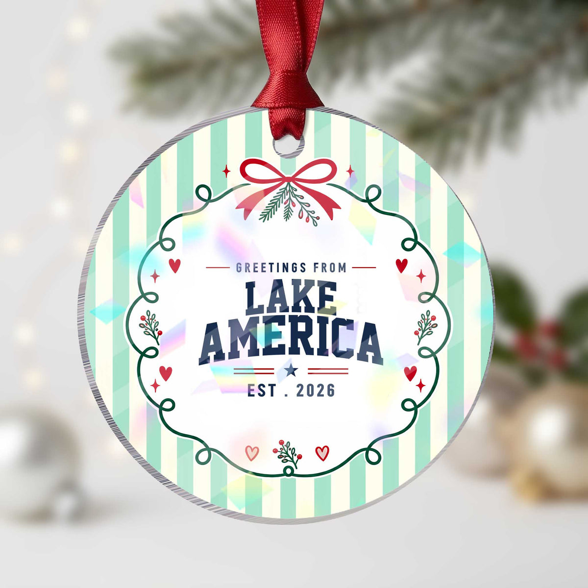 Greetings From Lake America Est 2026 Holographic Acrylic Ornament Patriotic Great Lakes Gift