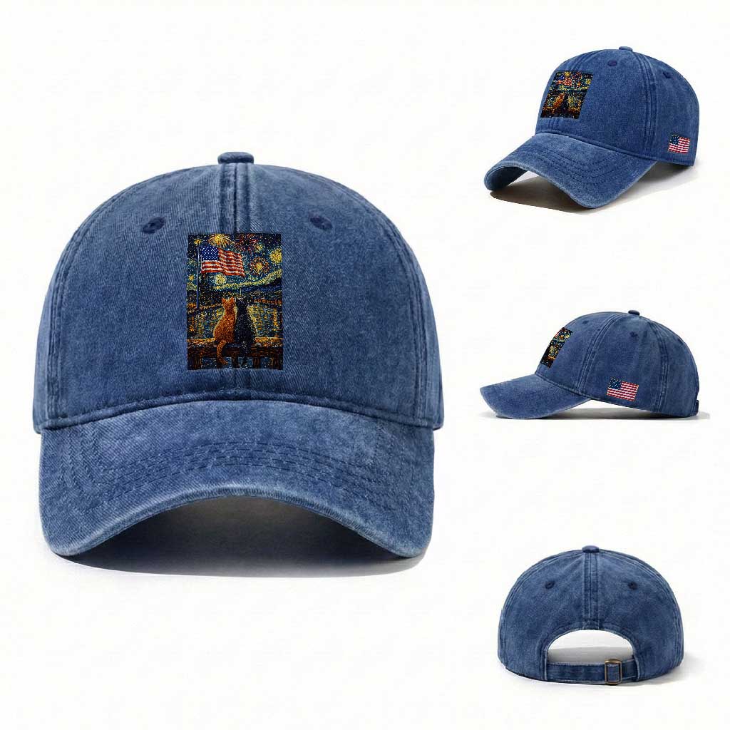 Starry Night Cat Patriotic American Pride Washed Cotton Baseball Cap