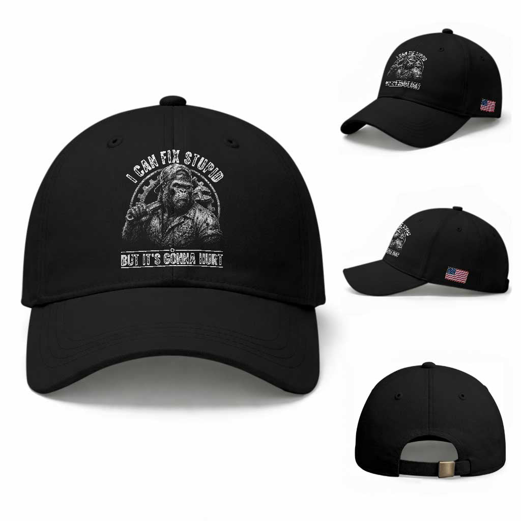 Funny Gorilla Mechanic Baseball Cap I Can Fix Stupid But Its Gonna Hurt