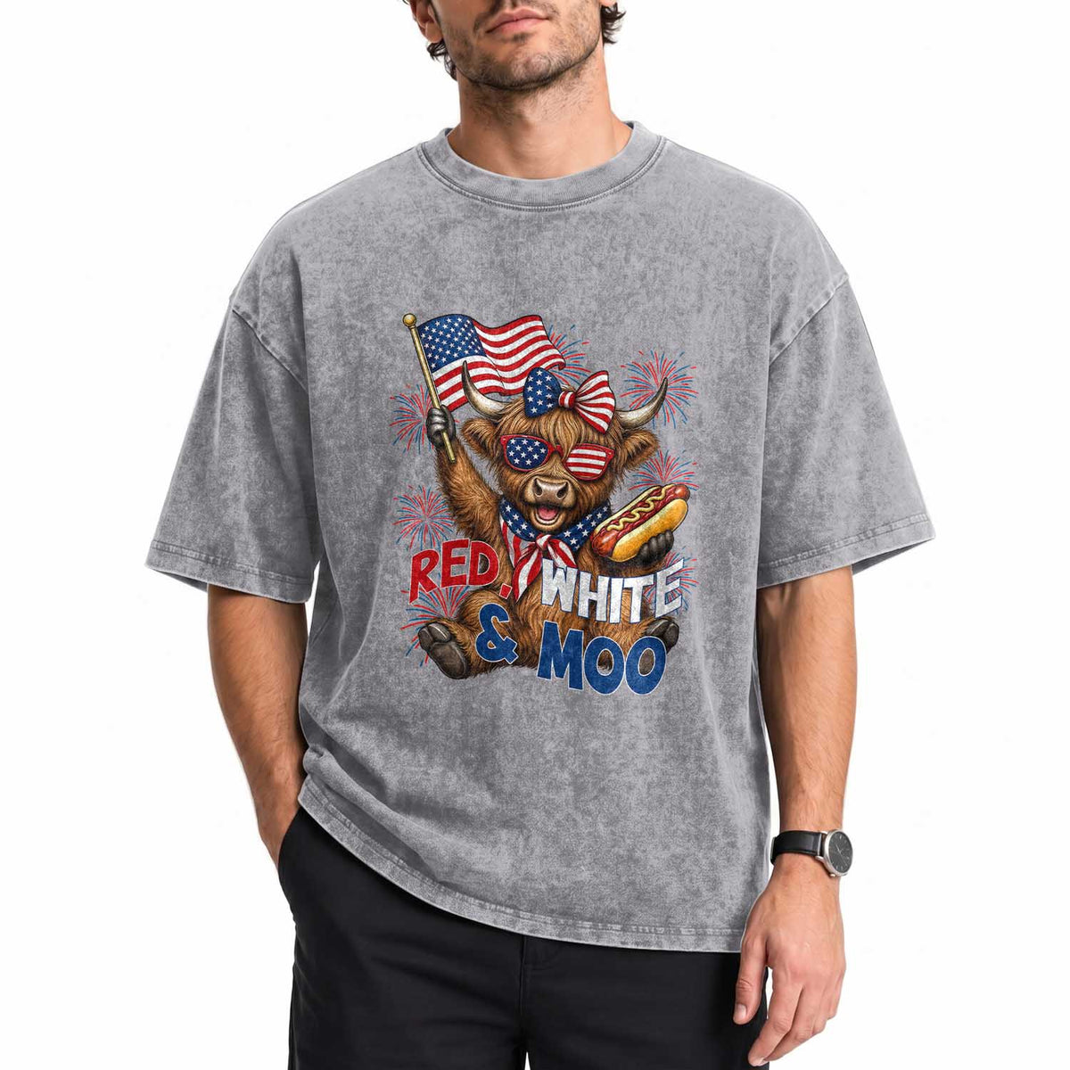 Striped Highland Cow 4th Of July Washed Cotton T-Shirt Red White And Moo