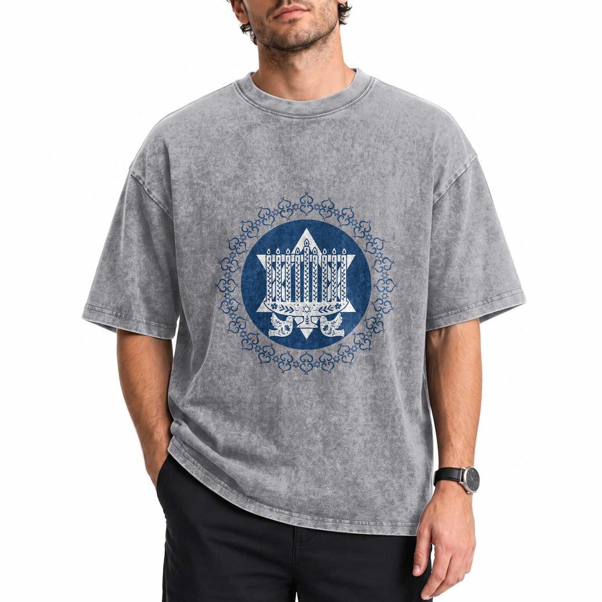 Hanukkah Vintage Menorah Peace Doves Washed Cotton T-Shirt Festival Of Lights Gift