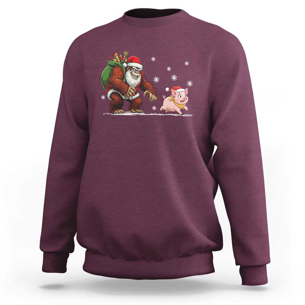 Christmas Cryptid Farm Life Gift Sweatshirt Funny Bigfoot Chasing Pig - Wonder Print Shop