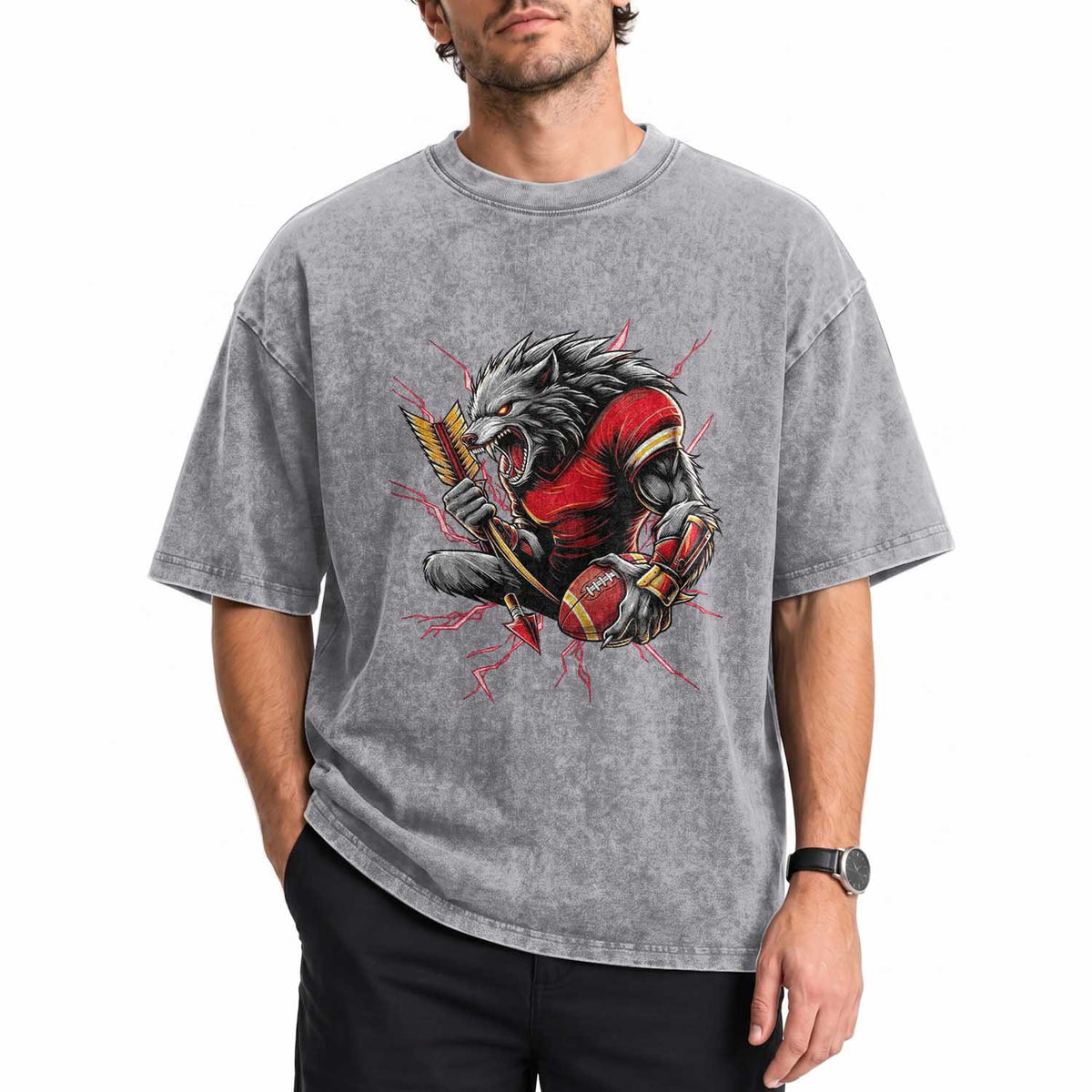 Midwest Wolf Spirit Washed Cotton T-Shirt American Football Fan Lifestyle