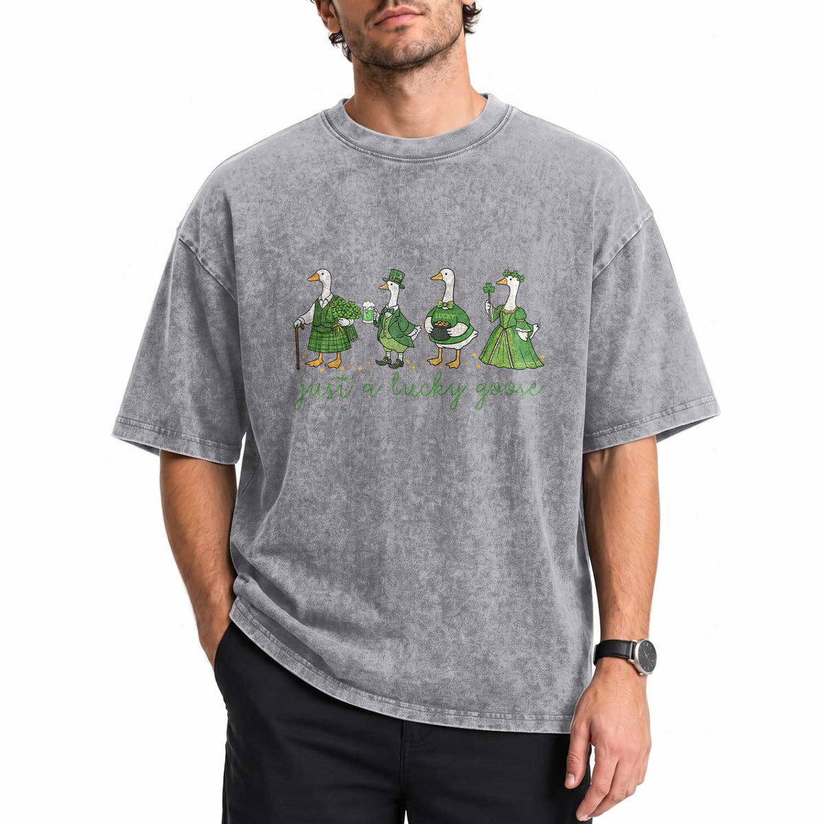 Just A Lucky Goose Washed Cotton T-Shirt Funny St Patricks Day Irish Gift