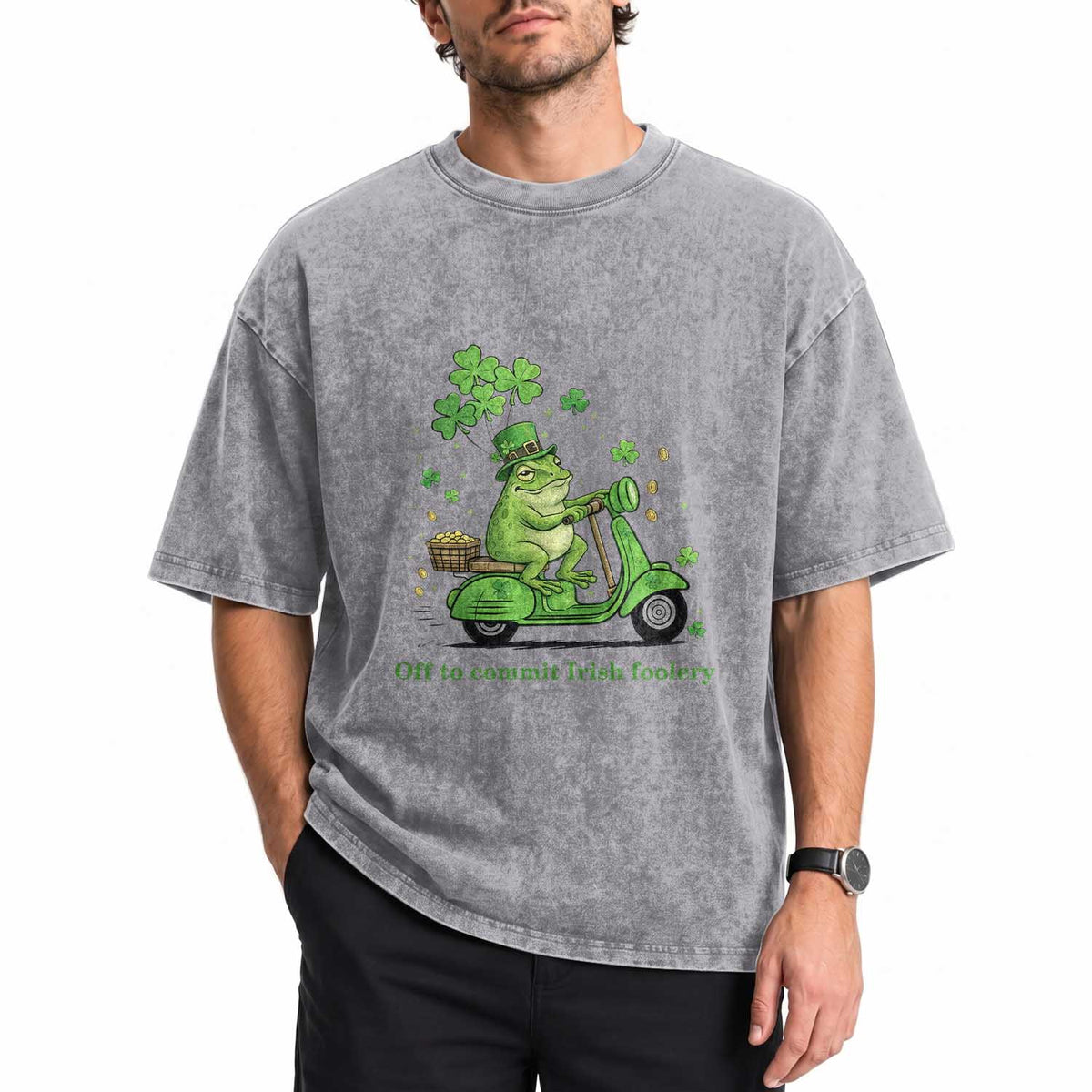 Funny Irish Frog Off To Commit Foolery Washed Cotton T-Shirt St Patricks Day Gift