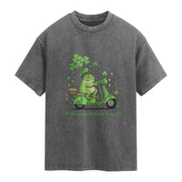 Funny Irish Frog Off To Commit Foolery Washed Cotton T-Shirt St Patricks Day Gift