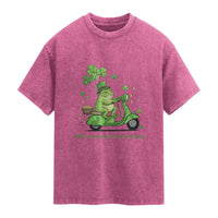 Funny Irish Frog Off To Commit Foolery Washed Cotton T-Shirt St Patricks Day Gift