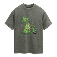 Funny Irish Frog Off To Commit Foolery Washed Cotton T-Shirt St Patricks Day Gift