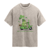 Funny Irish Frog Off To Commit Foolery Washed Cotton T-Shirt St Patricks Day Gift