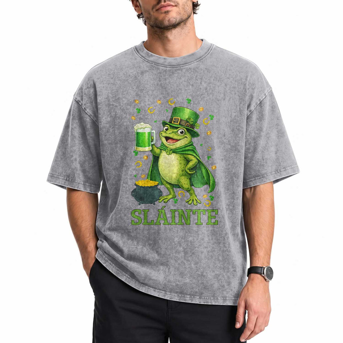Funny Slainte Irish Frog Beer St Patricks Day Washed Cotton T-Shirt