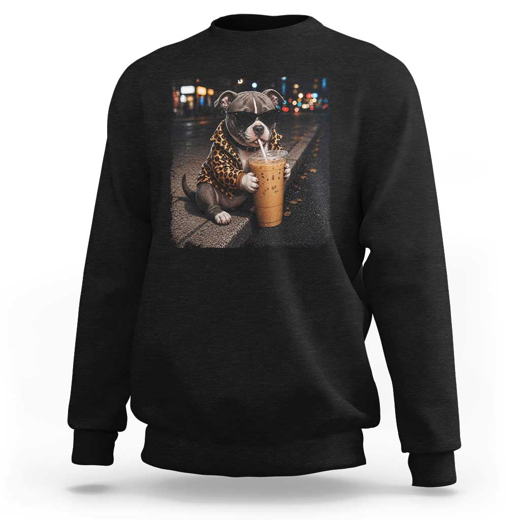 Funny Pitbull Drinking Coffee Sweatshirt Dog Meme Caffeine Graphic
